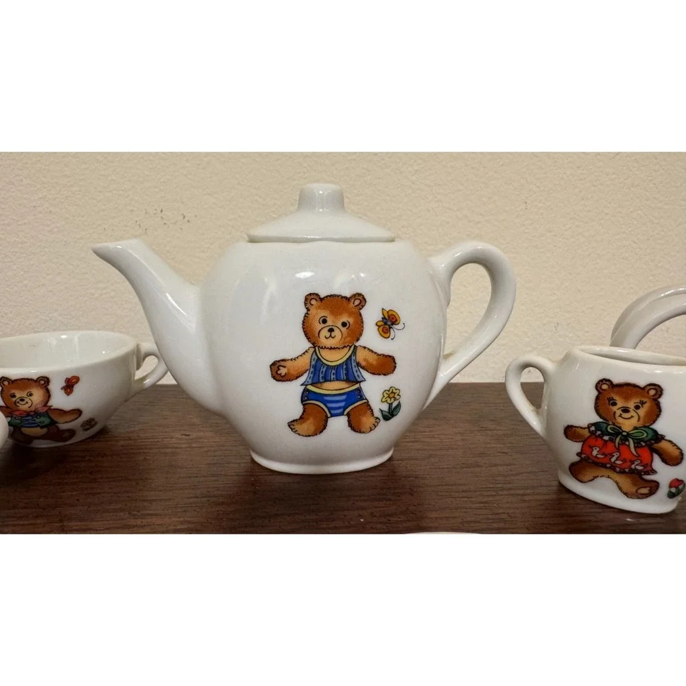 Vintage 1980s Miniature Porcelain Teddy Bears in Bathing Suits Tea Set Japan 19p